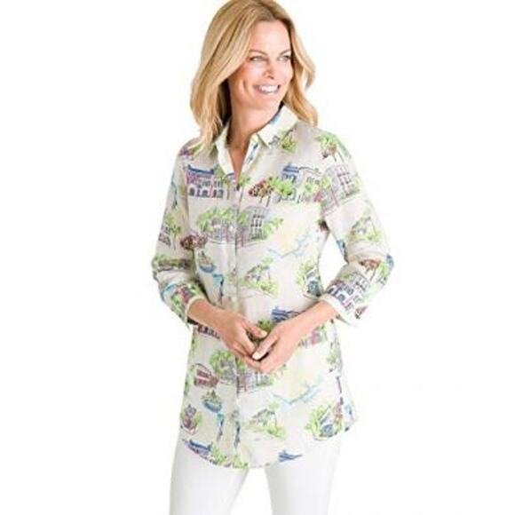Chico's Linen Blouse Top Tunic Button Front Cityscape White Chico's 1 US 8/10 - Picture 1 of 13
